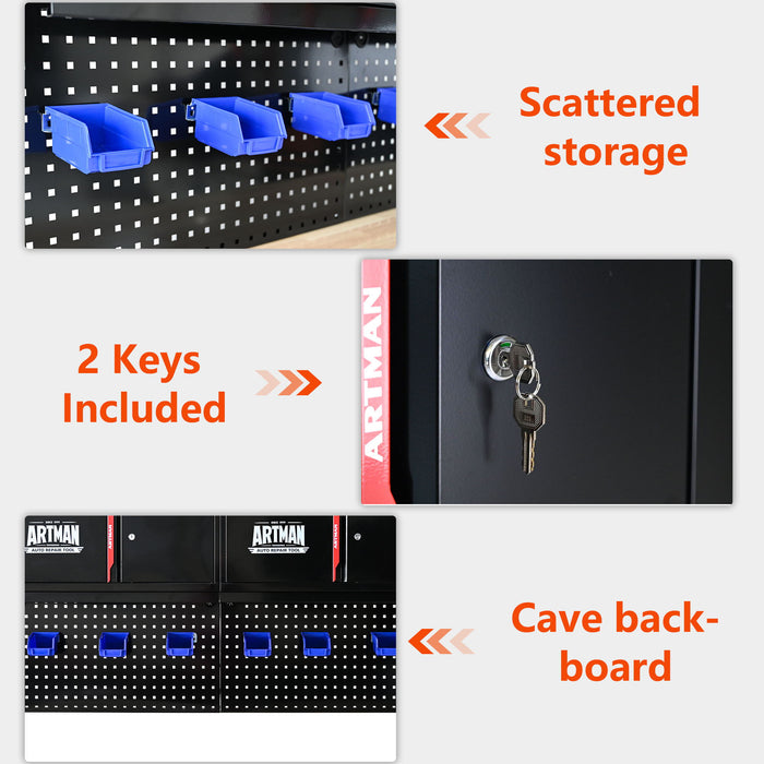 Wall Mounted Double Door Storage Cabinet With Tool Rack And Hooks, Stainless Steel - Black / Red