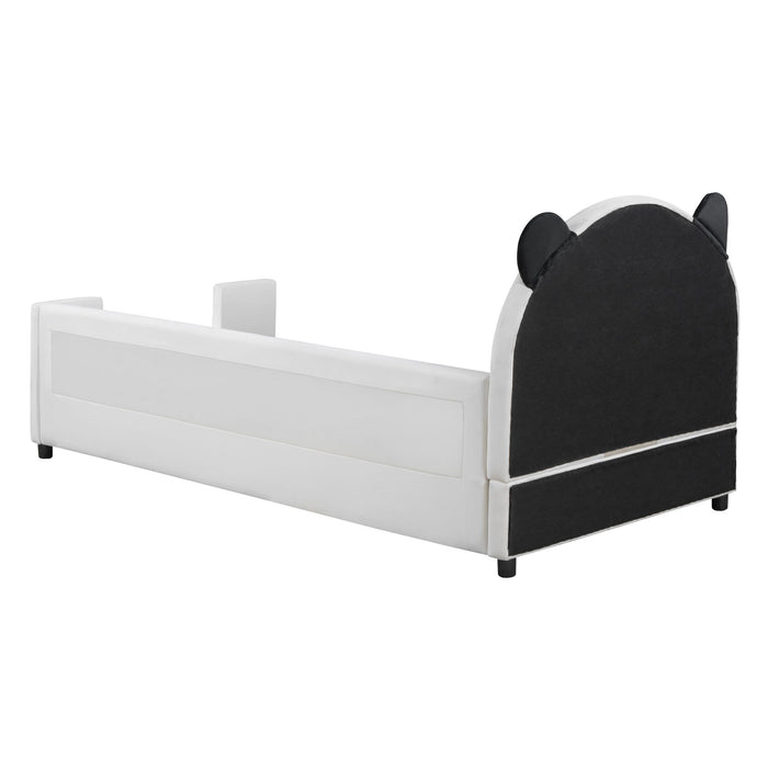 Upholstered Daybed With Bear Shaped Headboard, Hydraulic System And Breathable Mesh Fence