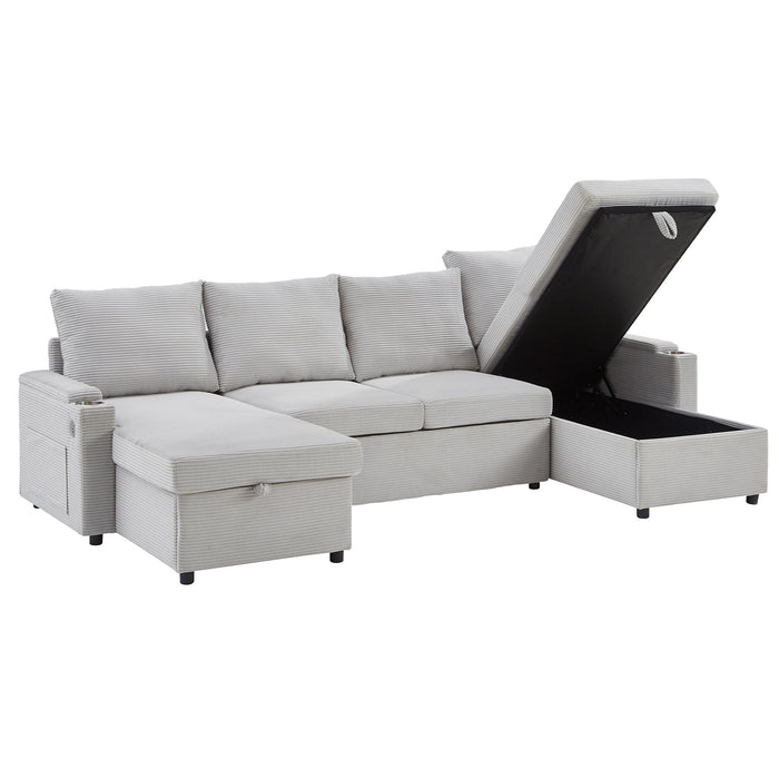 U Shaped Sectional Sofa Bed With Storage Chaise Lounges, USB Ports, And Cup Holders