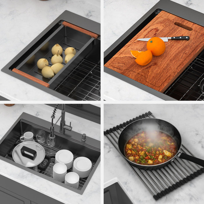 Drop In Workstation Sink Topmount Single Bowl With Pull Out Faucet And Soap Dispenser - Gunmetal Black