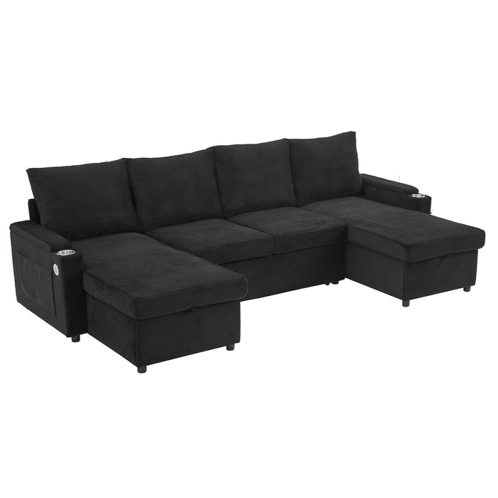 U Shaped Sectional Sofa Bed With Storage Chaise Lounges, USB Ports, And Cup Holders