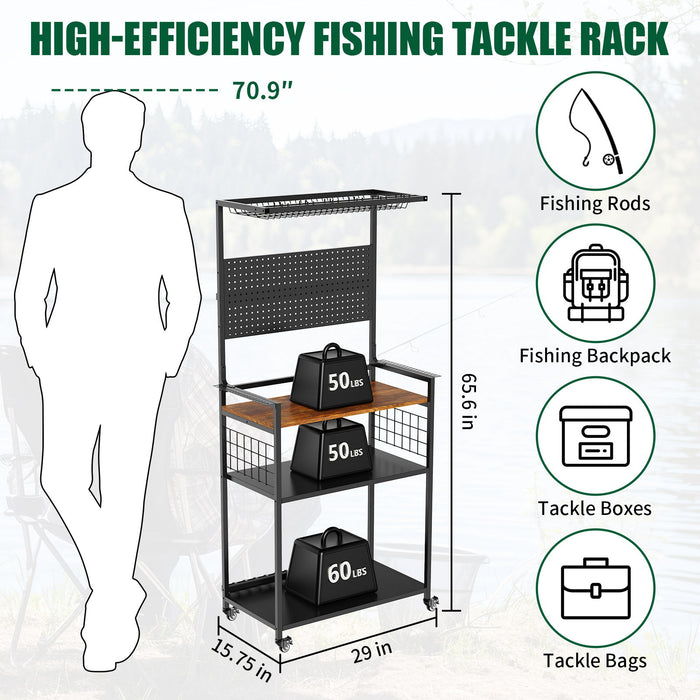 Fishing Rod Storage Rack With Pegboard, Rolling Tackle Organizer Cart - Black