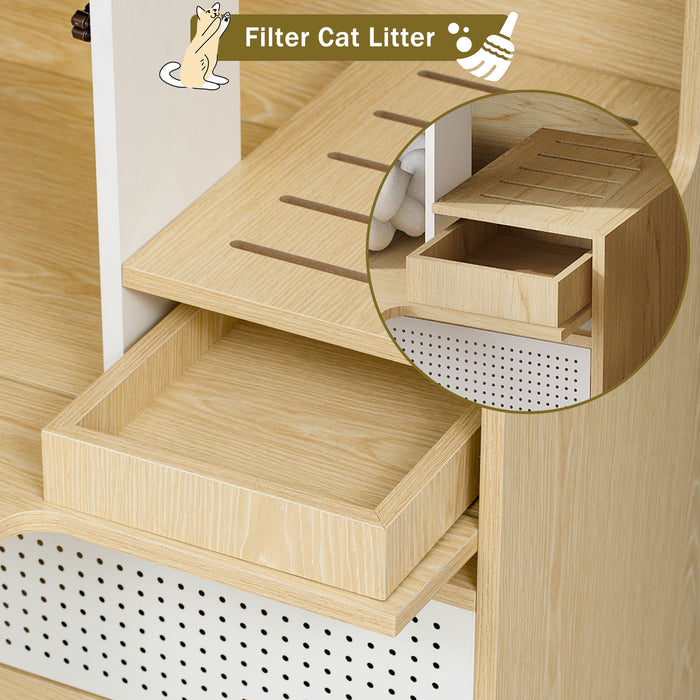 Furniture Style Multi Use Natural Cat Litter Box House With Flip Down Door - Natural