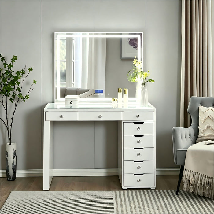 Makeup Vanity Desk With LED Lighted Mirror, 9 Drawers For Bedroom - Gloss White