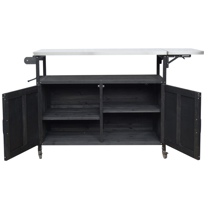 Foldable Outdoor Kitchen Island With Lockable Wheels, Storage Cabinet And Towel Rack For Patio