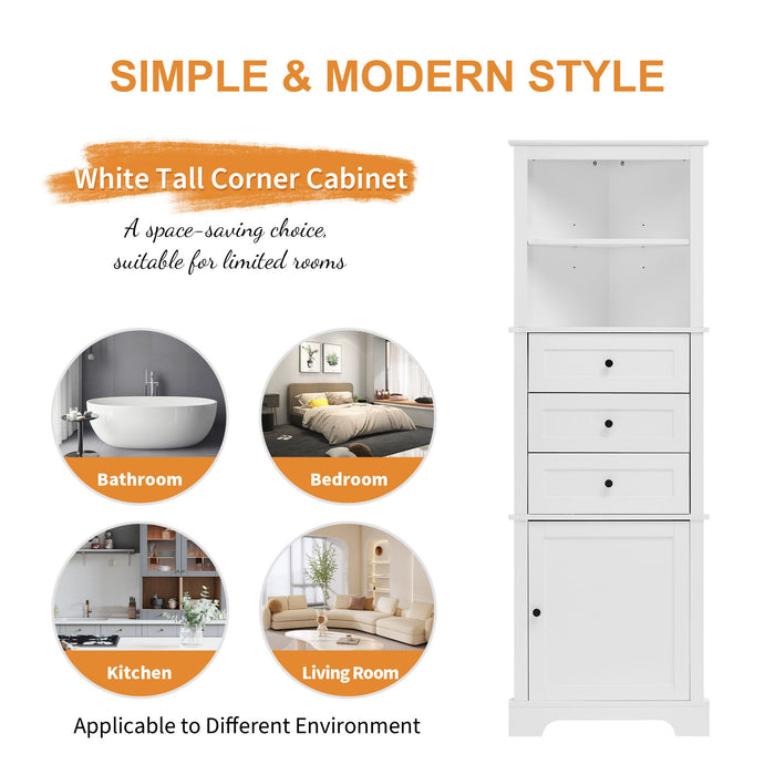 Tall Storage Cabinet With 3 Drawers And Adjustable Shelves For Bathroom