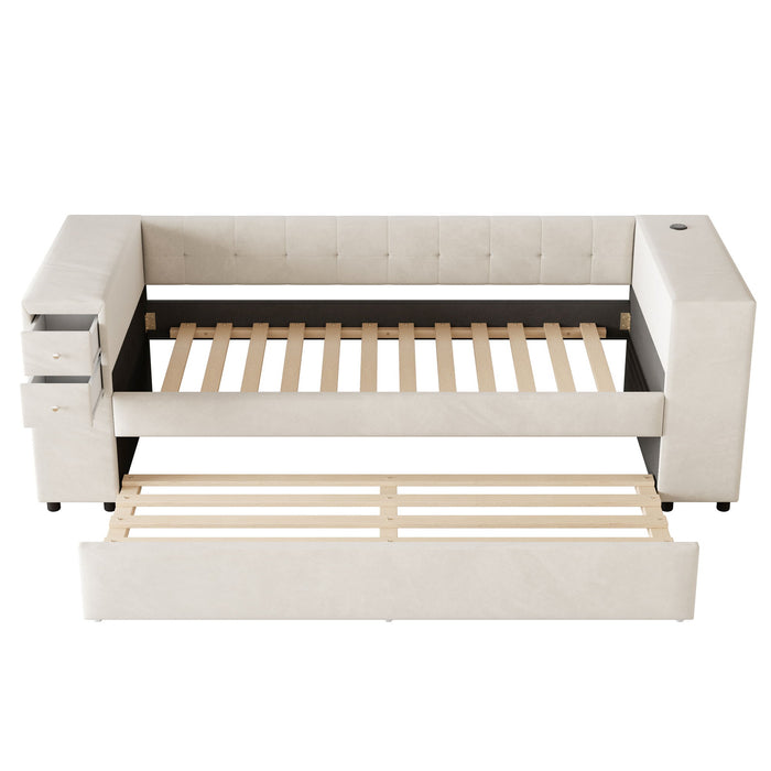 Upholstered Bed With Storage And Twin Trundle, USB Charging Ports