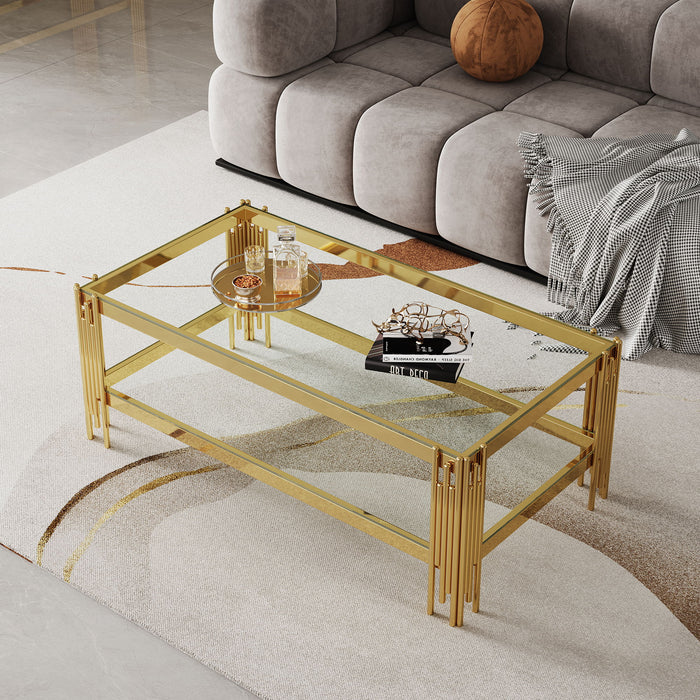 Coffee Table With Double Tier, Rectangular Design - Gold