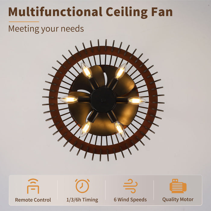 Pumpkin Ceiling Fan, Fandelier With 6 E12 Sockets, Reversible DC Motor, Adjustable Hanging, 6 Speeds Remote Control - Black