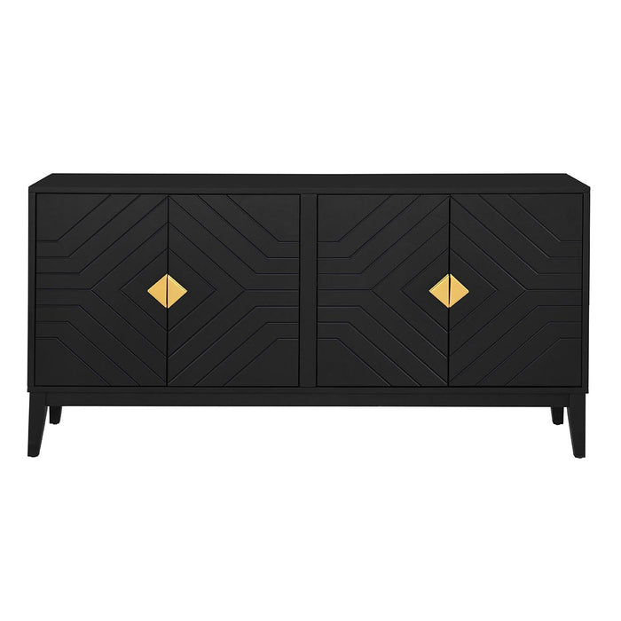 4 Door Sideboard Storage Cabinet For Living Room And Dining Room, 2 Large Cabinets With Gold Handles And Adjustable Shelf - Black