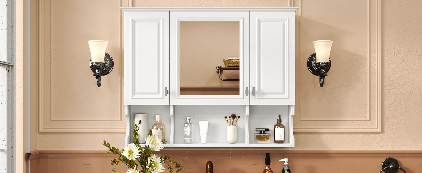 Wall Mounted Bathroom Medicine Wall Cabinet With Mirror & Open Shelves