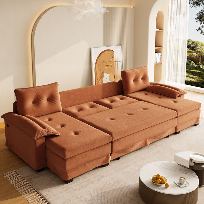 U-Shaped Sleeper Sofa With Pull Out Bed, Removable Armrests & USB Ports For Living Room