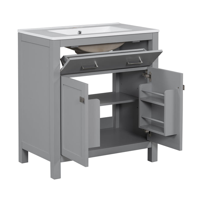 Bathroom Vanity With Ceramic Sink, Modern Single Bathroom Cabinet With 2 Doors And A Shelf, Soft Close Doors