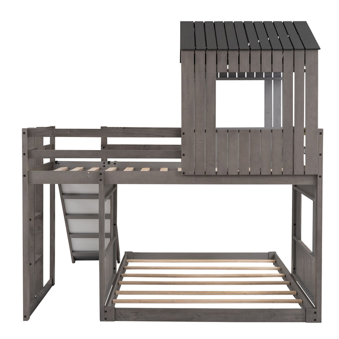 Loft Bunk Bed With Playhouse, Farmhouse, Ladder, Slide And Guardrails
