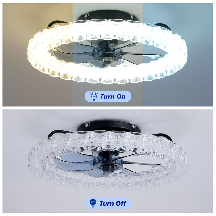 LED Light Source And Remote Control, 3000 - 6500K Dimmable Flush Mount LED Fan Light, 6 Speeds, Quiet DC Motor - Matte Black