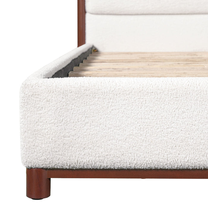 King Upholstered Bed Frame, No Box Spring Needed - Walnut / White