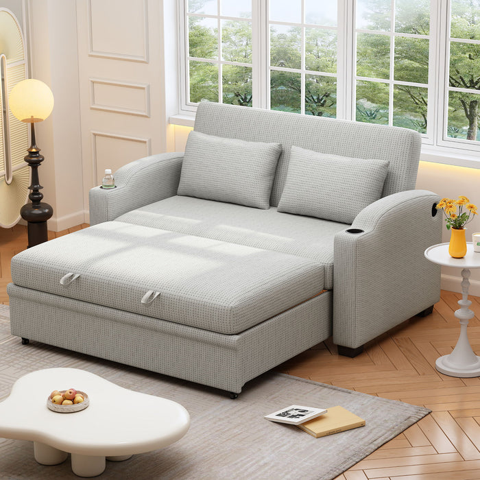 Pull Out Loveseat Sofa With Adjsutable Backrest, 2 Pillows, Cup Holders, USB Ports For Living Room