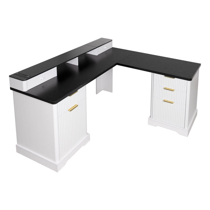 Fluted L-Shaped Desk With Charging Station & Storage Cabinet