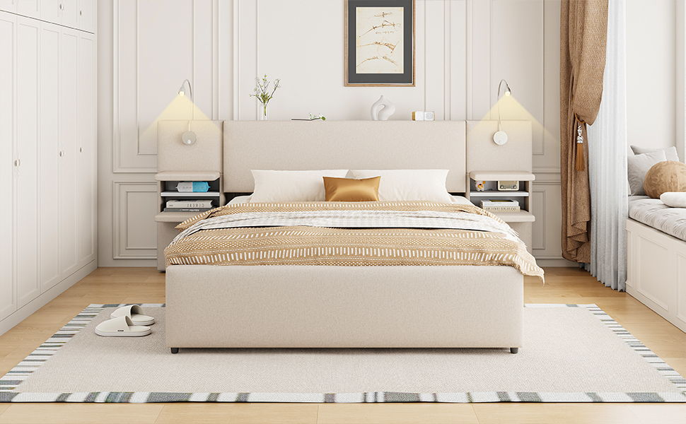Upholstered Platform Bed With Reading Lights, Drawers, Trundle And Shelves