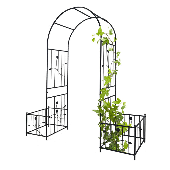 Metal Garden Arch With Two Plant Stands Wide High Climbing Plants Support Rose Arch Outdoor - Black