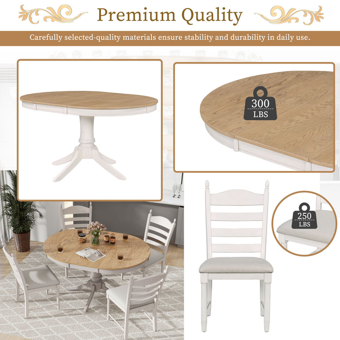 5 Piece Retro Functional Dining Table Set With Extendable Round Table And Upholstered Chairs