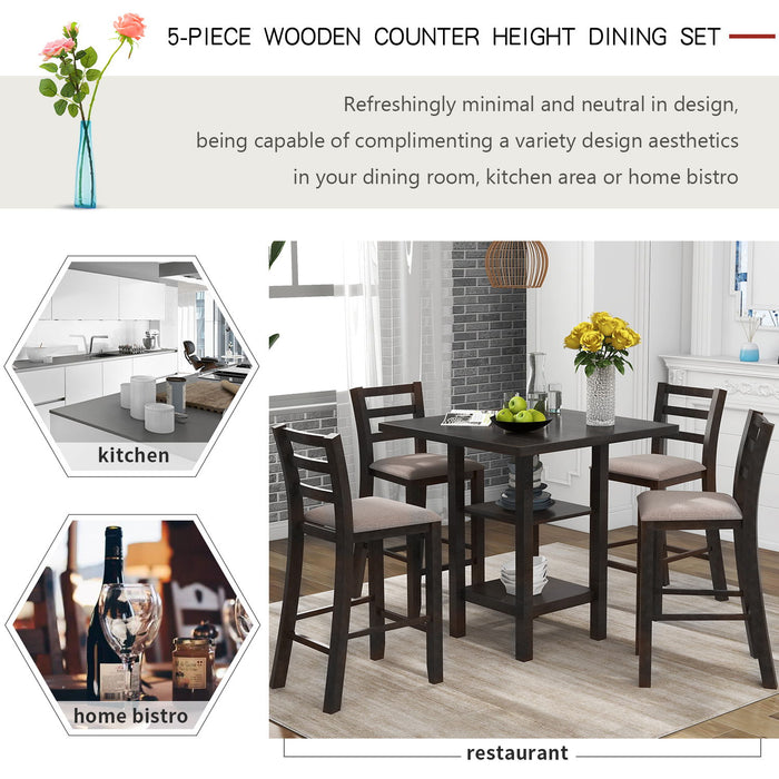 5 Piece Wooden Counter Height Dining Set With Padded Chairs, Storage Shelving