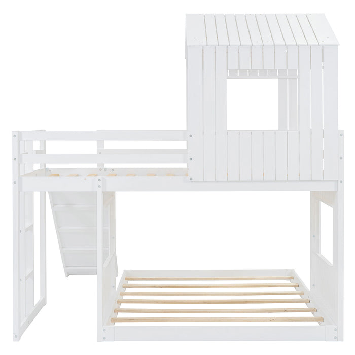 Loft Bunk Bed With Playhouse, Farmhouse, Ladder, Slide And Guardrails