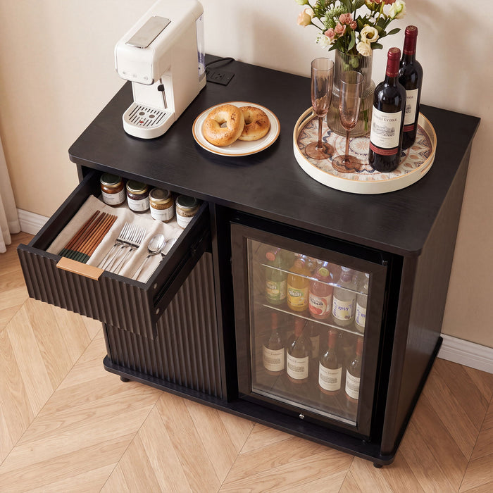 Fluted Coffee Bar Cabinet With Mini Fridge Space & Charging Station