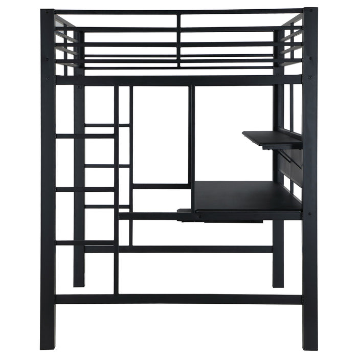 Ranier - Full Workstation Loft Bed, Full Length Desk, Safety Rails And Storage Shelves - Black