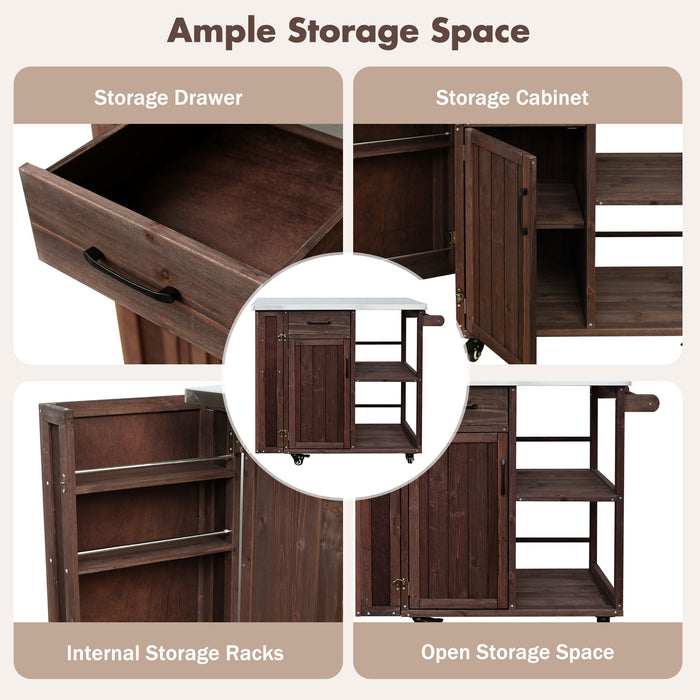 Outdoor Kitchen Island Prep Station With Lockable Wheels, Ample Storage, Towel & Spice Racks