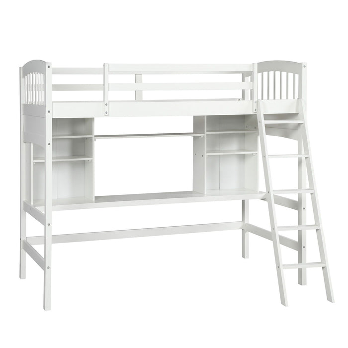 Loft Bed With Storage Shelves, Desk And Ladder
