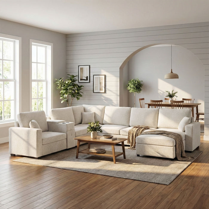 Modular 5 Seat U-Shape Sectional Sofa With Chaise Lounge, Built In Cup Holders And Storage Drawer