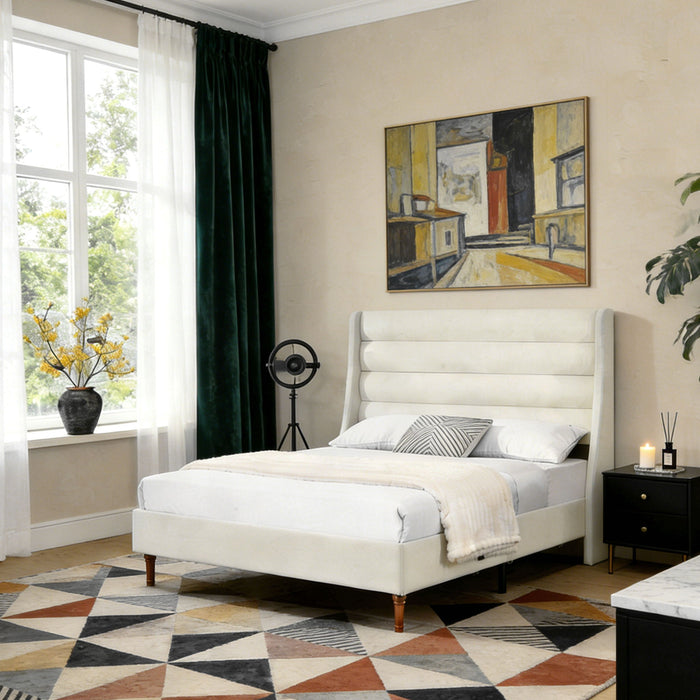 Modern Upholstered Platform Bed With Wave Shaped Headboard