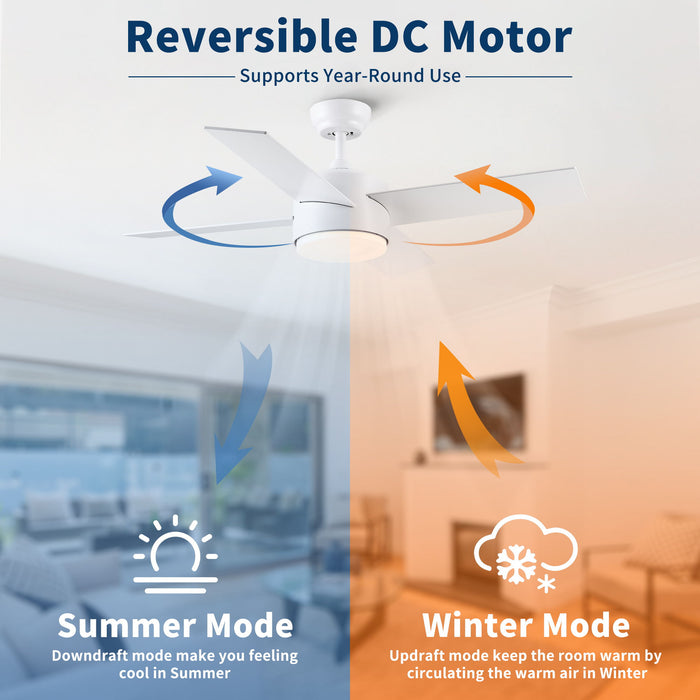 Ceiling Fan With Remote Control, Reversible DC Motor, 6 Speeds, 3 Dimmable LED, Quiet Timer For Indoor - White