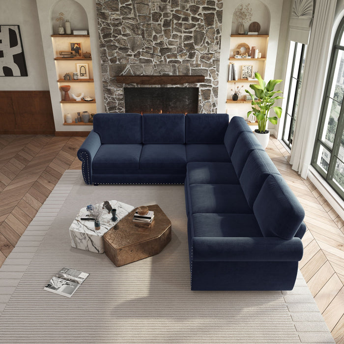 L-Shaped Sofa Couch With Pull Out Bed With Nailhead Trim & Rolled Arm