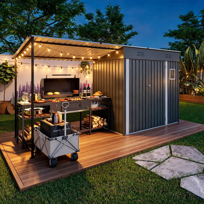 Lean To Shed With Open Sided Pergola, Outdoor Storage Shed & Attached Hardtop Gazebo Combo - Gray