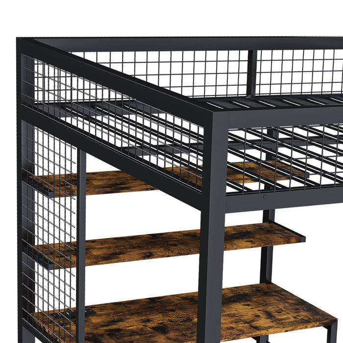 Full Size Loft Bed With Desk & Wardrobe Heavy Frame, Built In Staircase, Storage Rack & Shelves Gaming Bed - Black