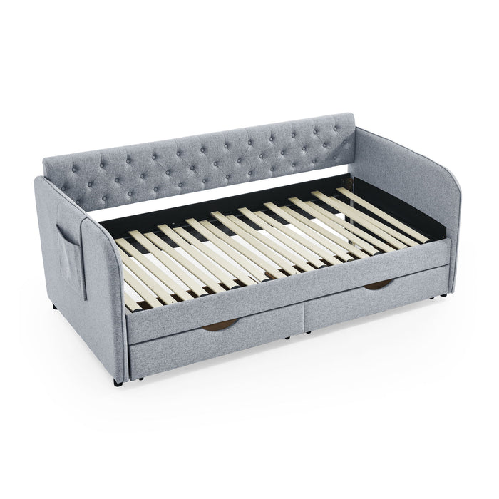 Daybed With Trundle And Storage Drawers, Flat Arms With Pocket