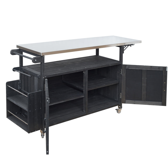 Foldable Outdoor Kitchen Island With Lockable Wheels, Storage Cabinet And Towel Rack For Patio