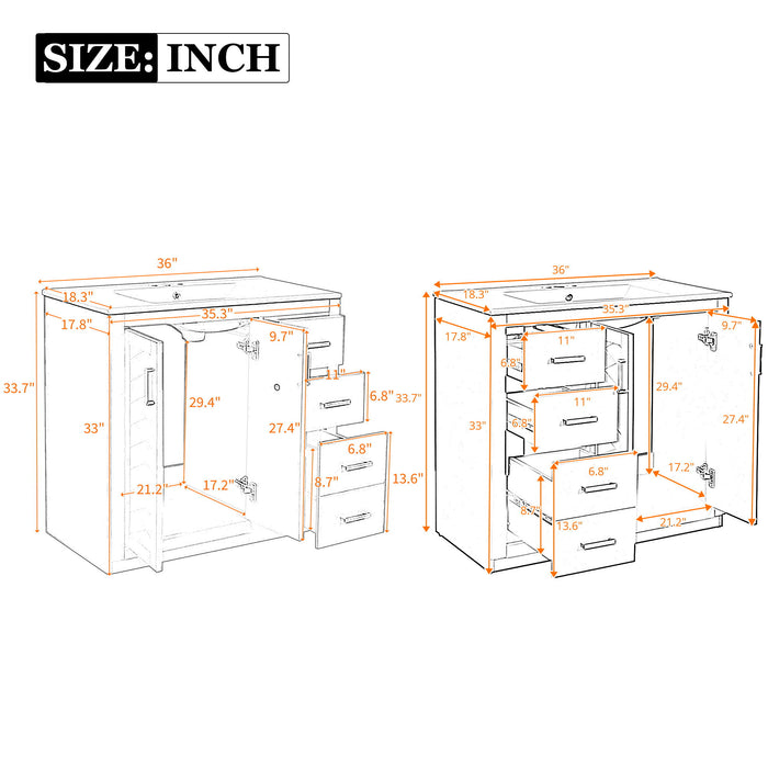 Modern Bathroom Vanity With Ceramic Sink, 6 Drawers & Soft-Close Doors