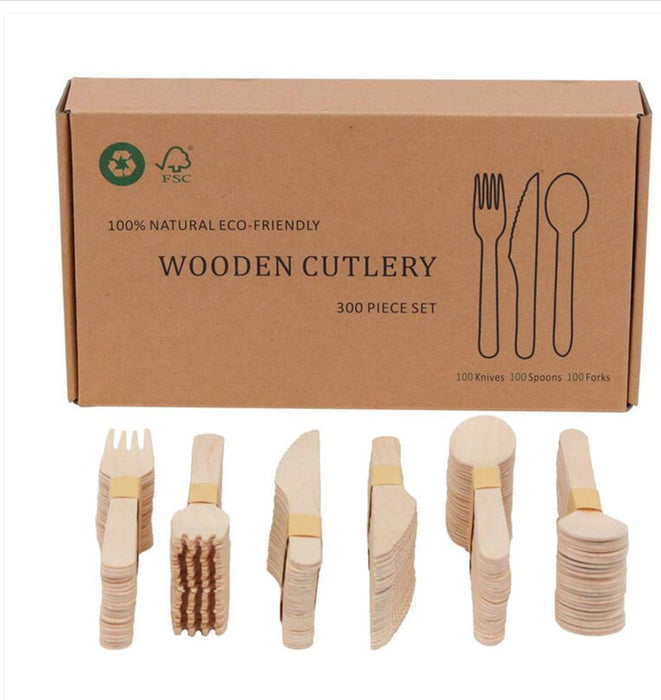 Wooden Compostable Utensils Set 300 Pieces 100 Forks 100 Spoons 100 Knives Sturdy Wood Disposable Cutlery Eco Friendly Biodegradable Utensils For Party Free From Plastic Cutlery Set For Eating - Natural Wood