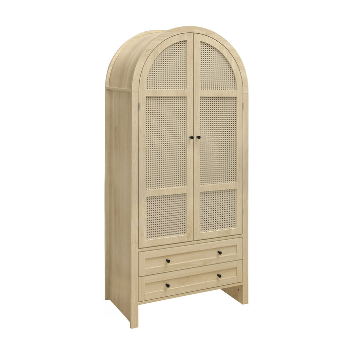 Tall Arched Kitchen Pantry, Arched Storage Display Cabinet With 2 Drawers & Adjustable Shelves, Rattan Door Versatile Storage Cabinet For Kitchen, Dining Room, Living Room - Natural