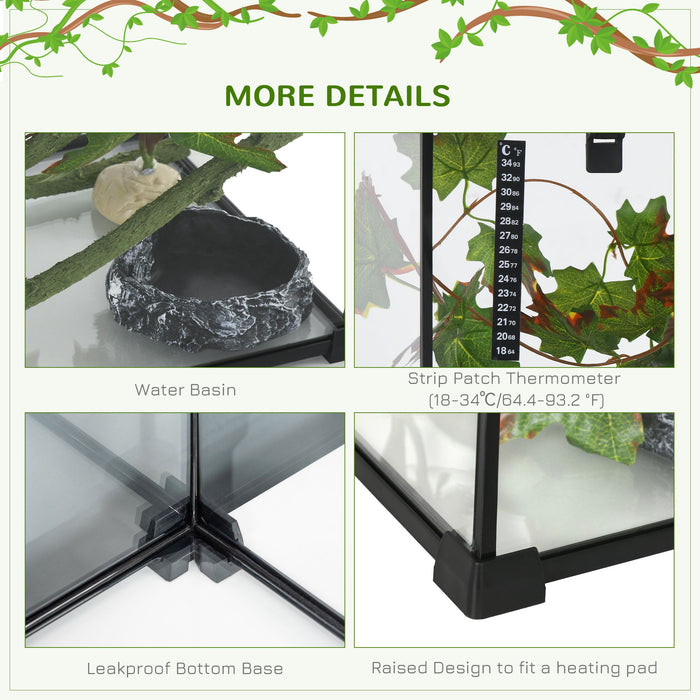Pawhut - 14 Gallon Reptile Glass Terrarium Tank With Decor Kit Breeding Box Full View With Visually Appealing Sliding Screen Top For Lizards Frogs Snakes Spiders - Black