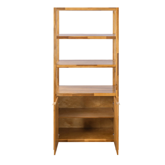 Tall Storage Bookcase Cabinet With 2 Open Shelves & Double Doors, Freestanding Shelving Unit - Natural