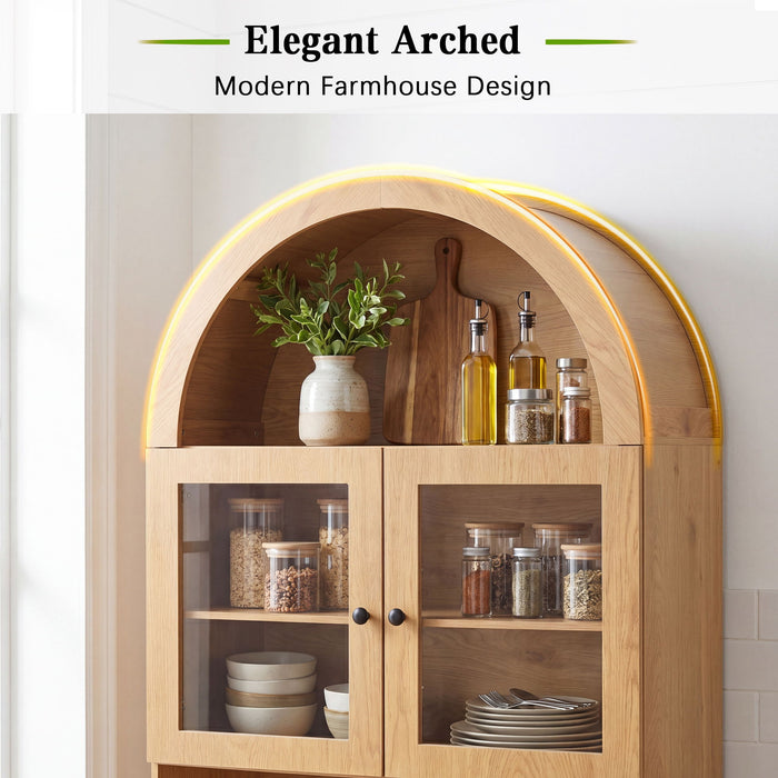 Tall Arched Pantry Cabinet With Charging Station, Adjustable Shelves, Coffee Bar