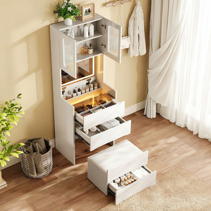 3 In 1 Vanity Table With LED Mirror & Storage Stool For Bedroom