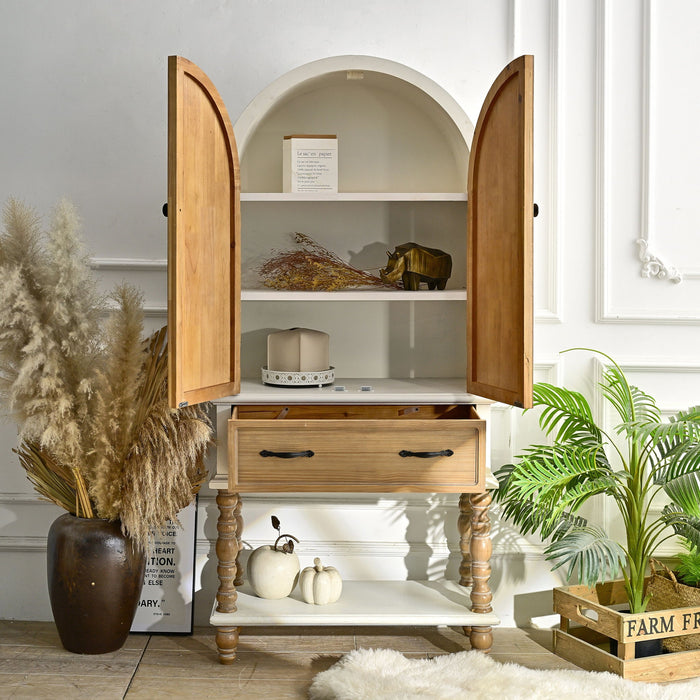Arched Flower Carved Door Accent Sideboard Cabinet With 1 Drawer And Shelf, Cabinet For Kitchen - Natural / White