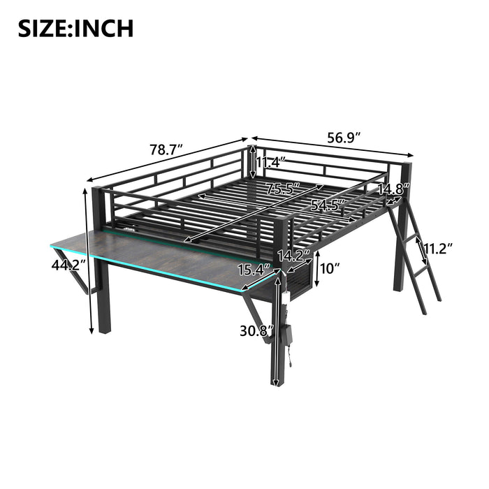 Gaming - Full Size Loft Bed With Desk, LED - Black