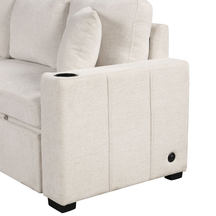 Modern U-Shaped Sectional Sofa Convertible Pull-Out Sofa Bed With USB Ports And Cup Holders