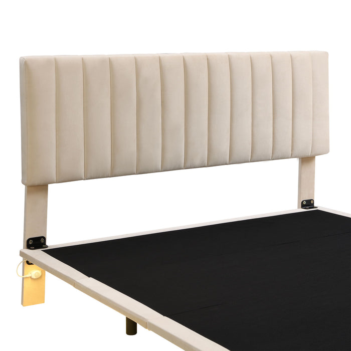 Upholstered Bed With Sensor Light And Headboard, Floating Velvet Platform Bed